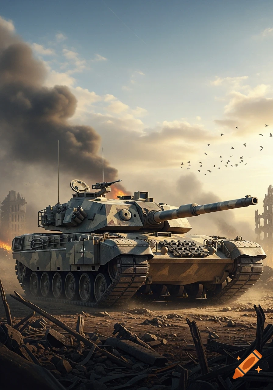 A camouflaged tank in a war-torn landscape with smoke, fire, and ruined buildings under a cloudy sky.