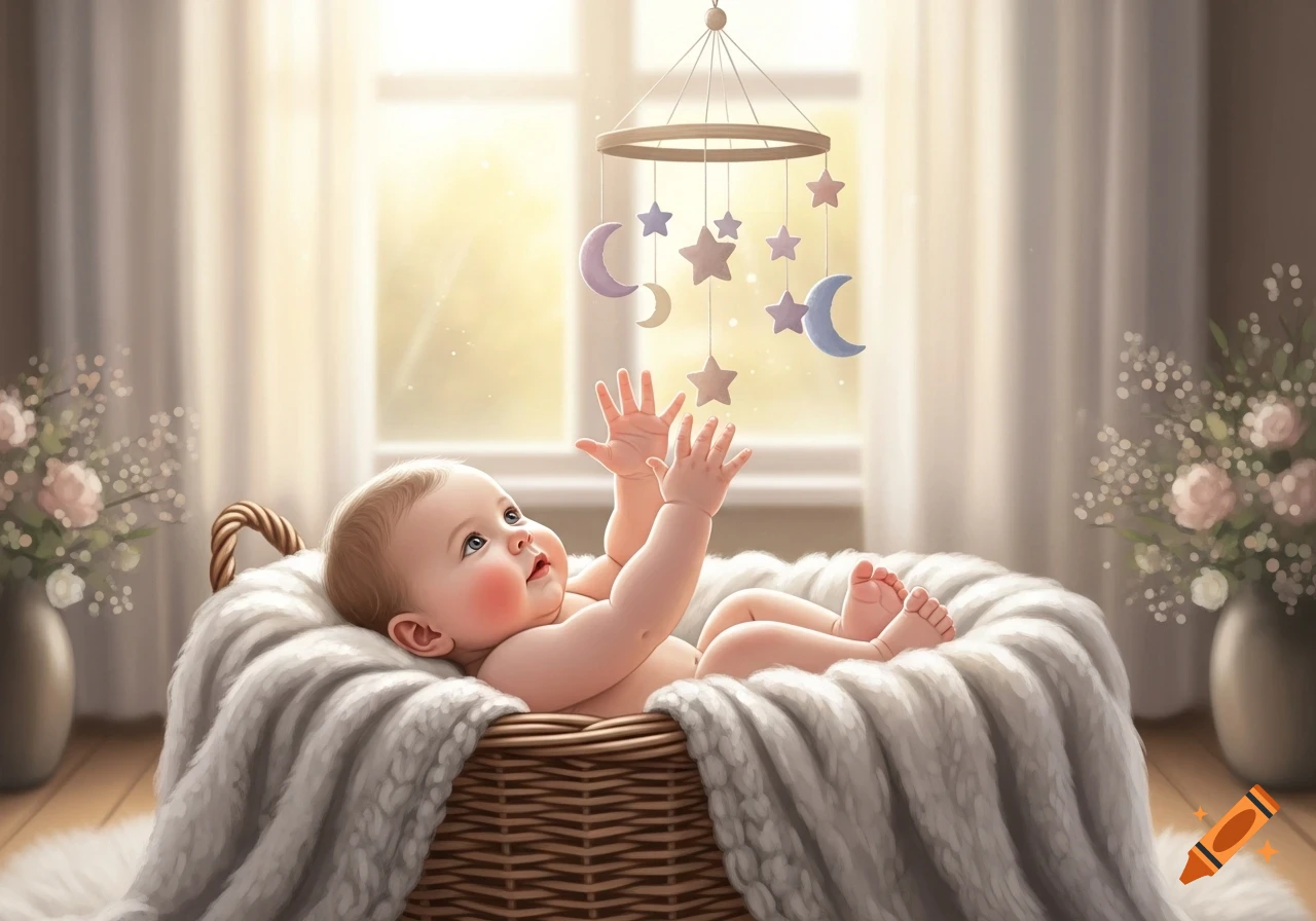 A smiling baby lies in a fluffy blanket-lined basket, reaching up at a hanging mobile with stars and moons, by a sunny window.