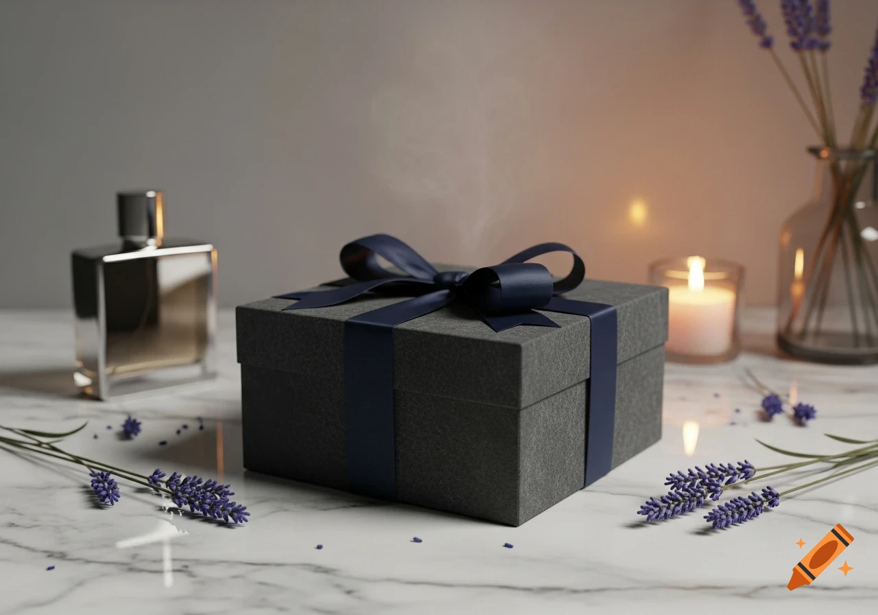 A grey gift box with a navy ribbon, a sleek perfume bottle, lavender sprigs, and a lit candle on a white marble surface.