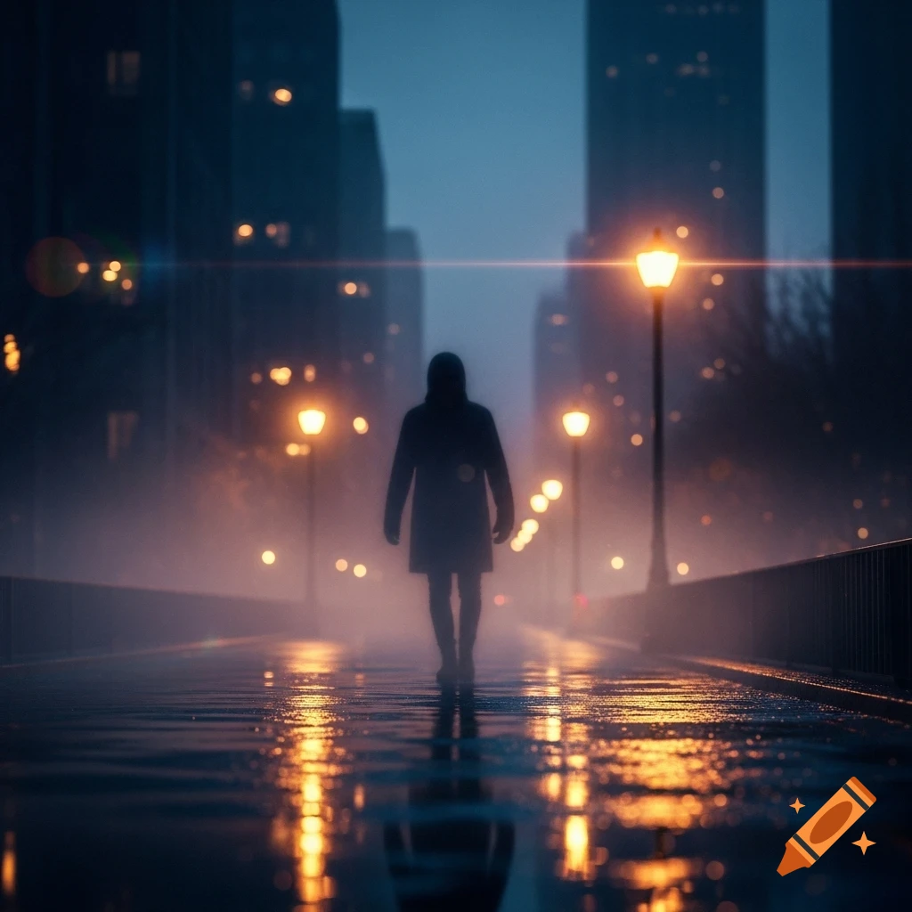 A lone silhouette walks down a wet city street at night, illuminated by glowing streetlights and their reflections.