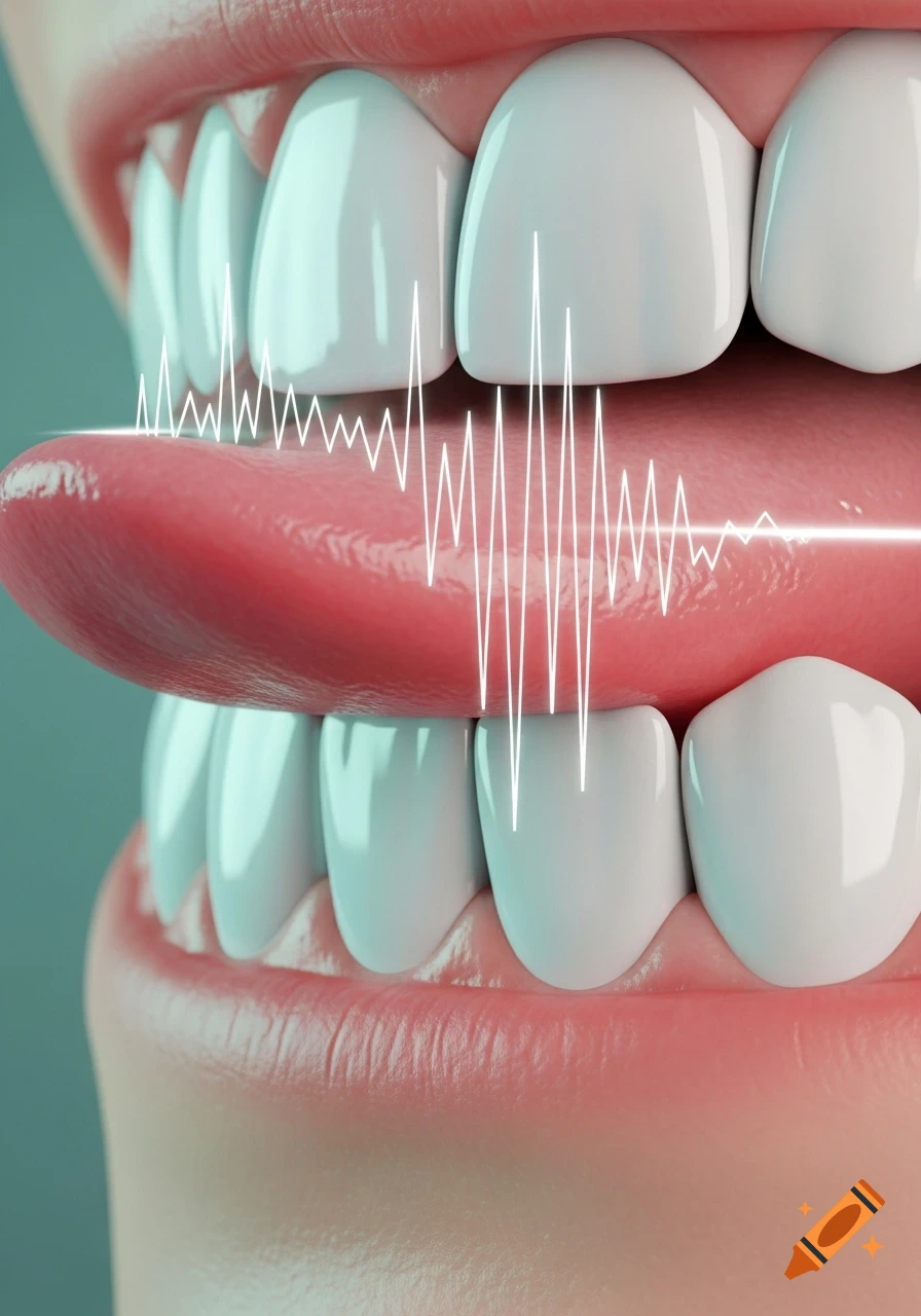 Close-up photorealistic illustration of a human mouth with a tongue extended, showing perfectly white teeth. A white waveform graphic overlays the tongue.