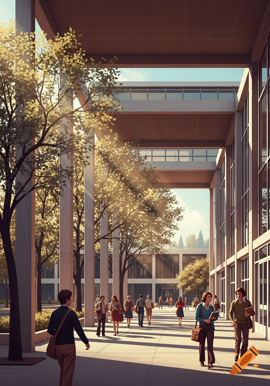 Students walk along a sunlit pathway between modern concrete buildings and trees on a university campus.