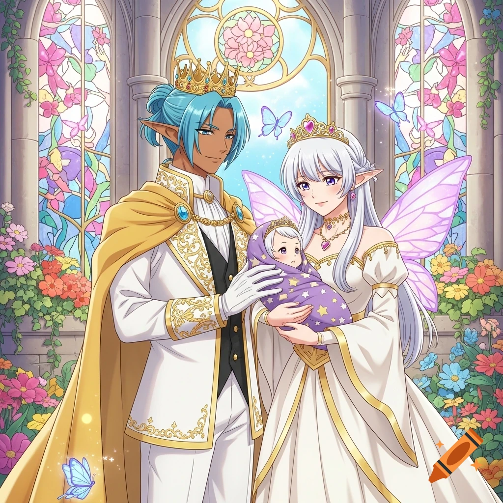 Anime fantasy image of an elf king and fairy queen holding their baby in a castle with stained glass windows and flowers.