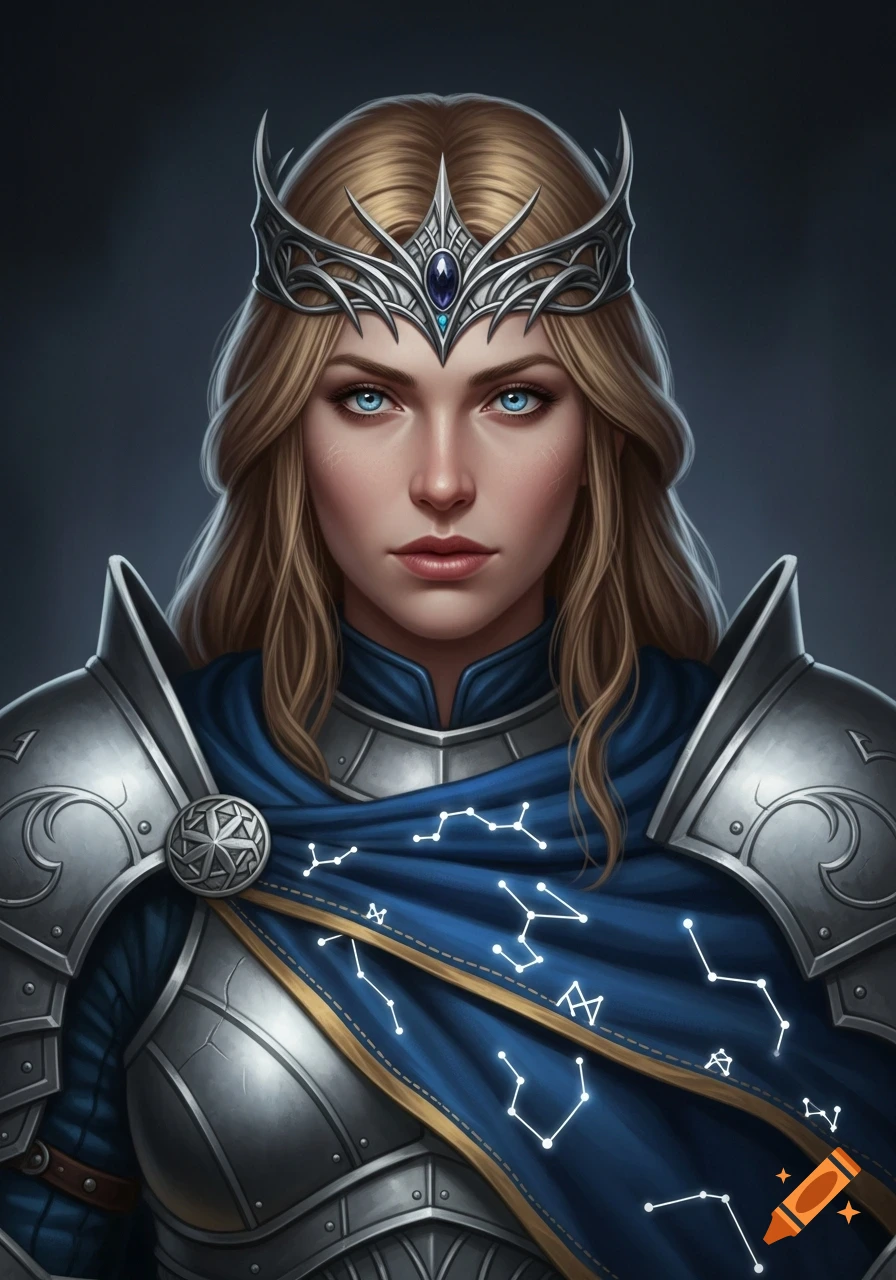 A detailed portrait of a blonde female knight with blue eyes, wearing a silver crown, armor, and a blue cloak with glowing constellation patterns.