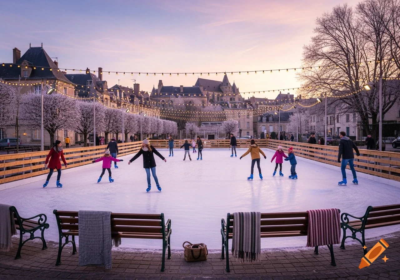 People ice skating on an outdoor rink in a city square at sunset, with historic buildings and string lights in the background.