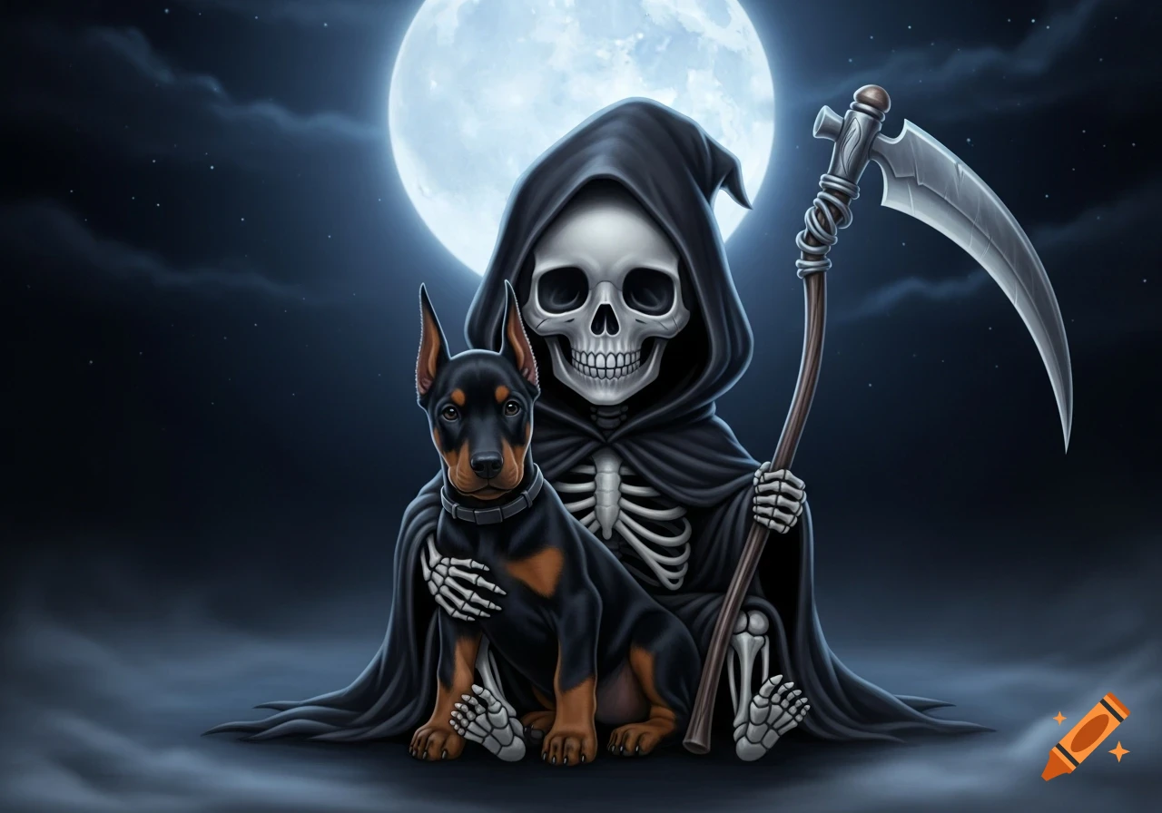 A cartoonish grim reaper with a scythe cradles a doberman puppy under a full moon in a dark, cloudy night sky.