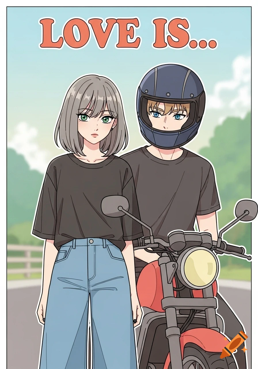 A cartoon couple, a woman and a man in a helmet, stand next to a red motorcycle with "LOVE IS..." text above them.