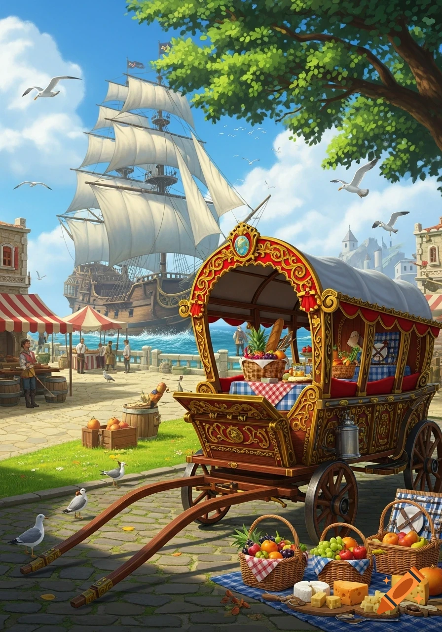 A vibrant illustration of an ornate market wagon filled with food by a seaside market, with a large pirate ship under a blue sky.