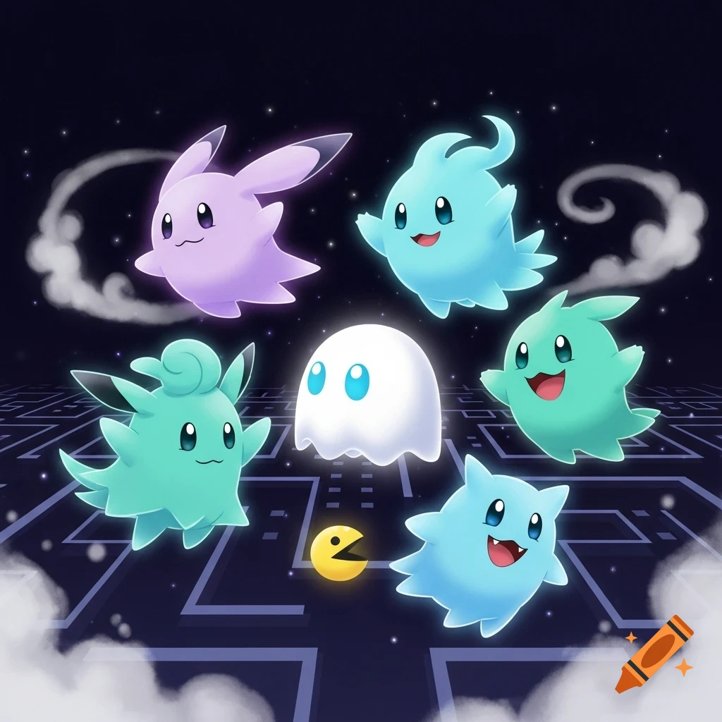 Cute ghost-like Pokémon characters and a Pac-Man ghost float around a Pac-Man character on a glowing maze in space.