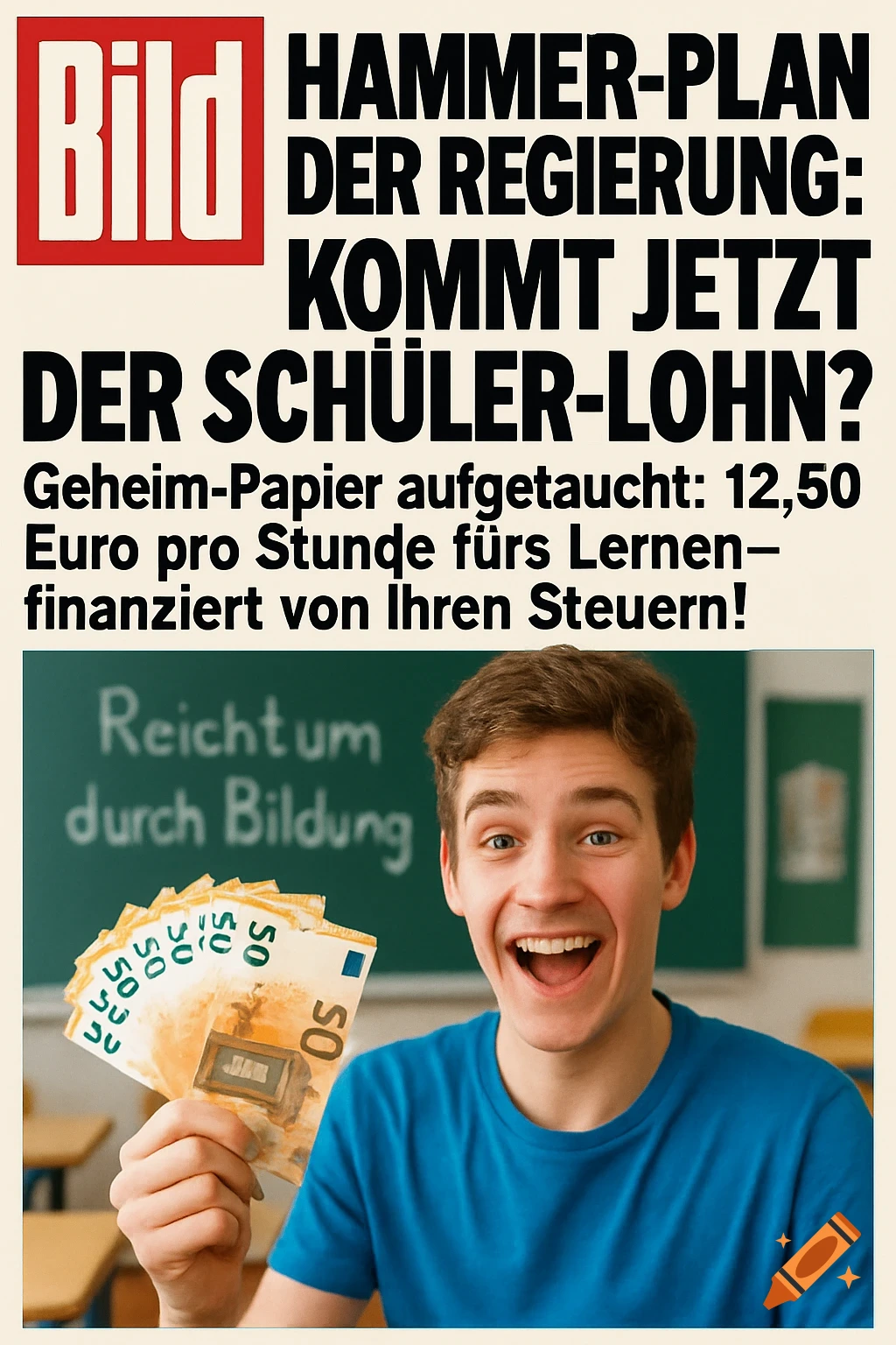 A jubilant student in a classroom holds a fan of 50-Euro bills, beneath a newspaper-style headline about a 'student wage'.