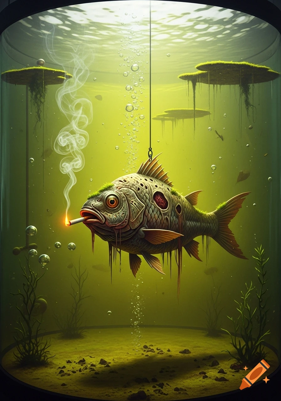 A grotesque, rotting fish with exposed flesh and large eyes, hooked and suspended in a murky yellow aquarium, smoking a lit cigarette amidst bubbles.