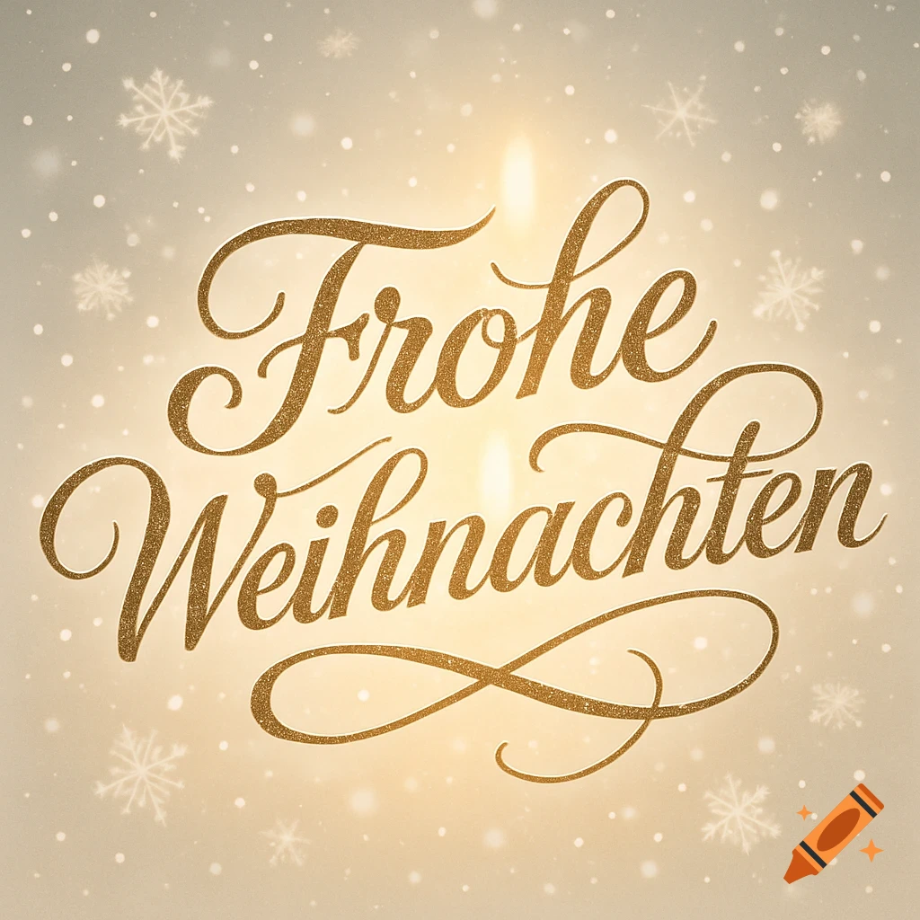 Golden glittery script text 'Frohe Weihnachten' (Merry Christmas) with snowflakes on a warm, glowing background.
