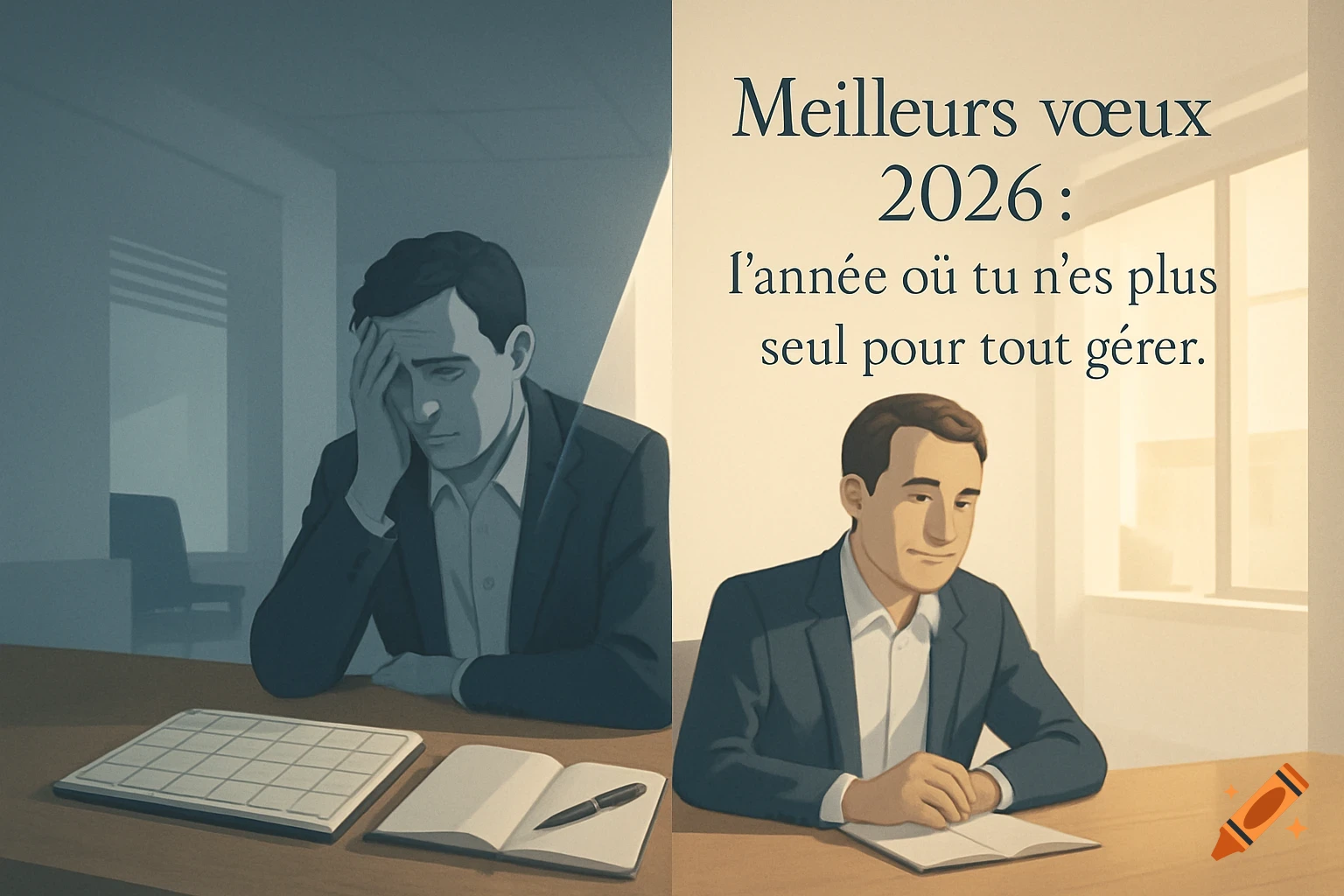 Split image shows a man distressed in a dark office on the left, and relieved in a bright office on the right, with French text 'Best wishes 2026'.