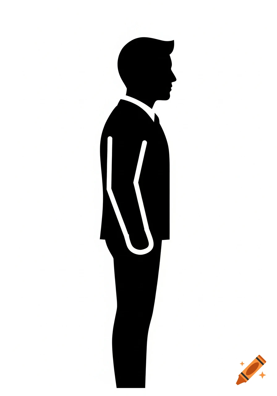 Black silhouette of a man in profile, standing, against a white background, resembling a restroom sign icon.
