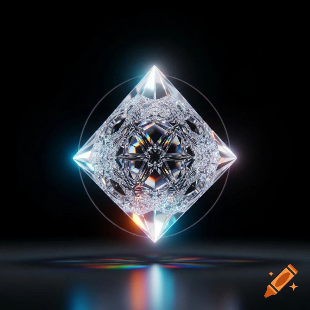 A luminous, faceted crystal geometric shape with glowing blue and orange edges, reflecting rainbow light on a dark surface.
