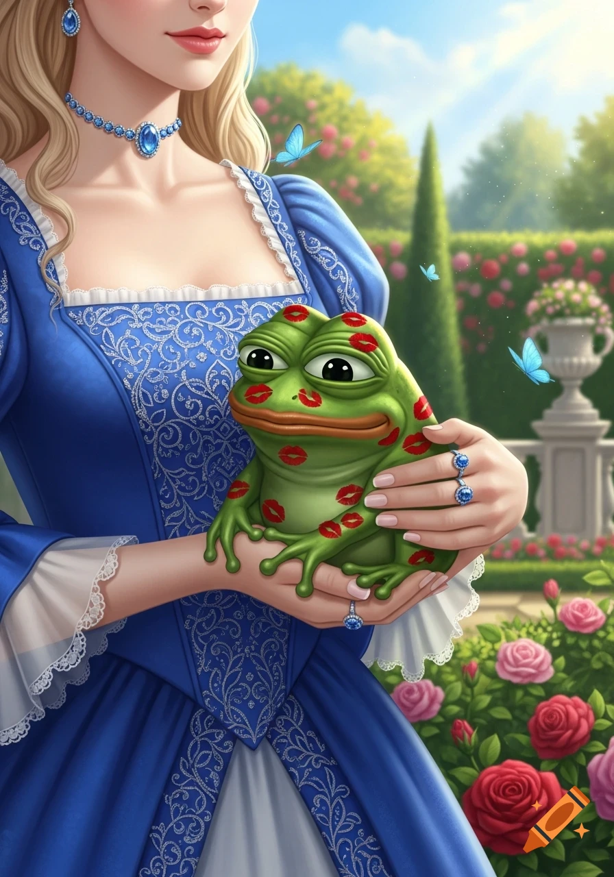 A princess in a blue gown holds Pepe the frog covered in lipstick kiss marks in a beautiful garden.