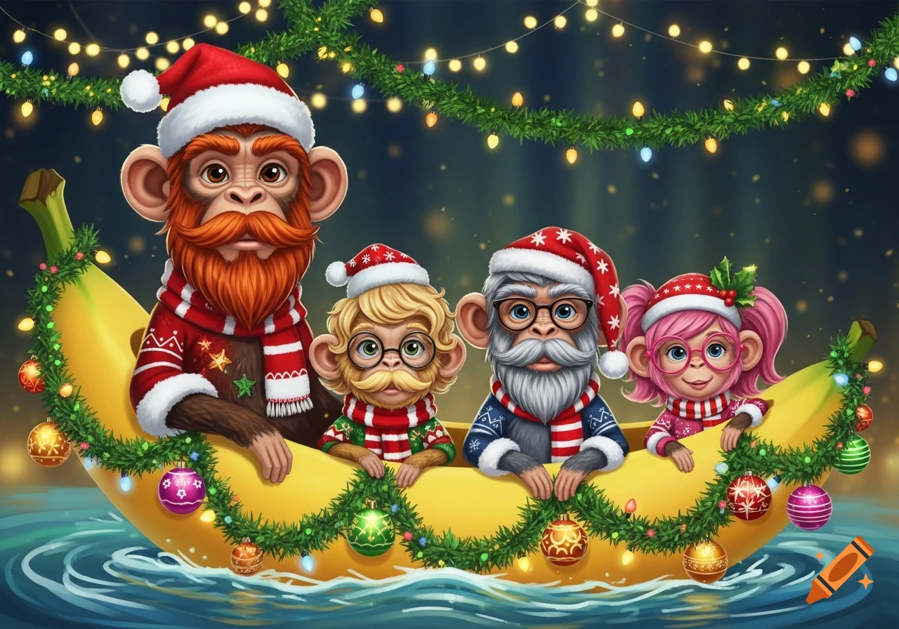 Four festive cartoon monkeys in Santa hats and scarves sail a Christmas-decorated banana boat on water under twinkling lights.