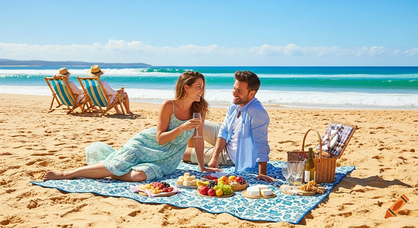 Smiling couple picnics on a beach blanket near the ocean, while another couple relaxes in chairs. Photorealistic summer scene.