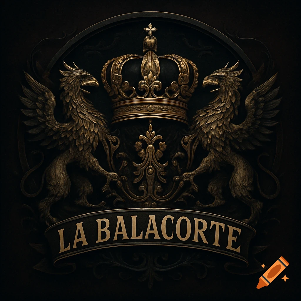 Ornate golden emblem featuring a crown, two griffins, and a banner with 'LA BALACORTE' in a dark, detailed style.