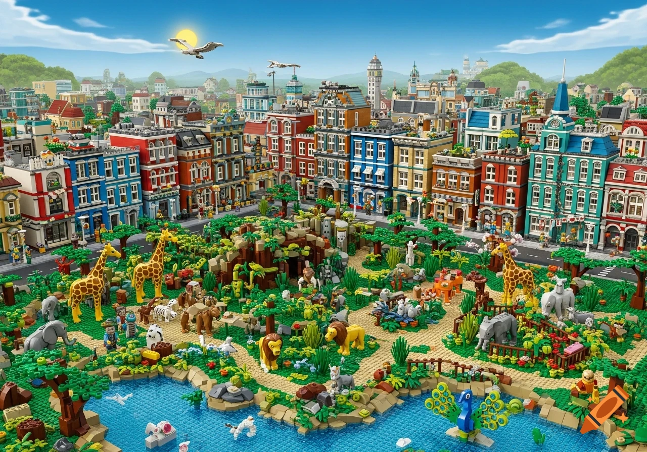 A colorful Lego city features a detailed zoo with various animals like giraffes, lions, elephants, and peacocks, surrounded by buildings and lush greenery.