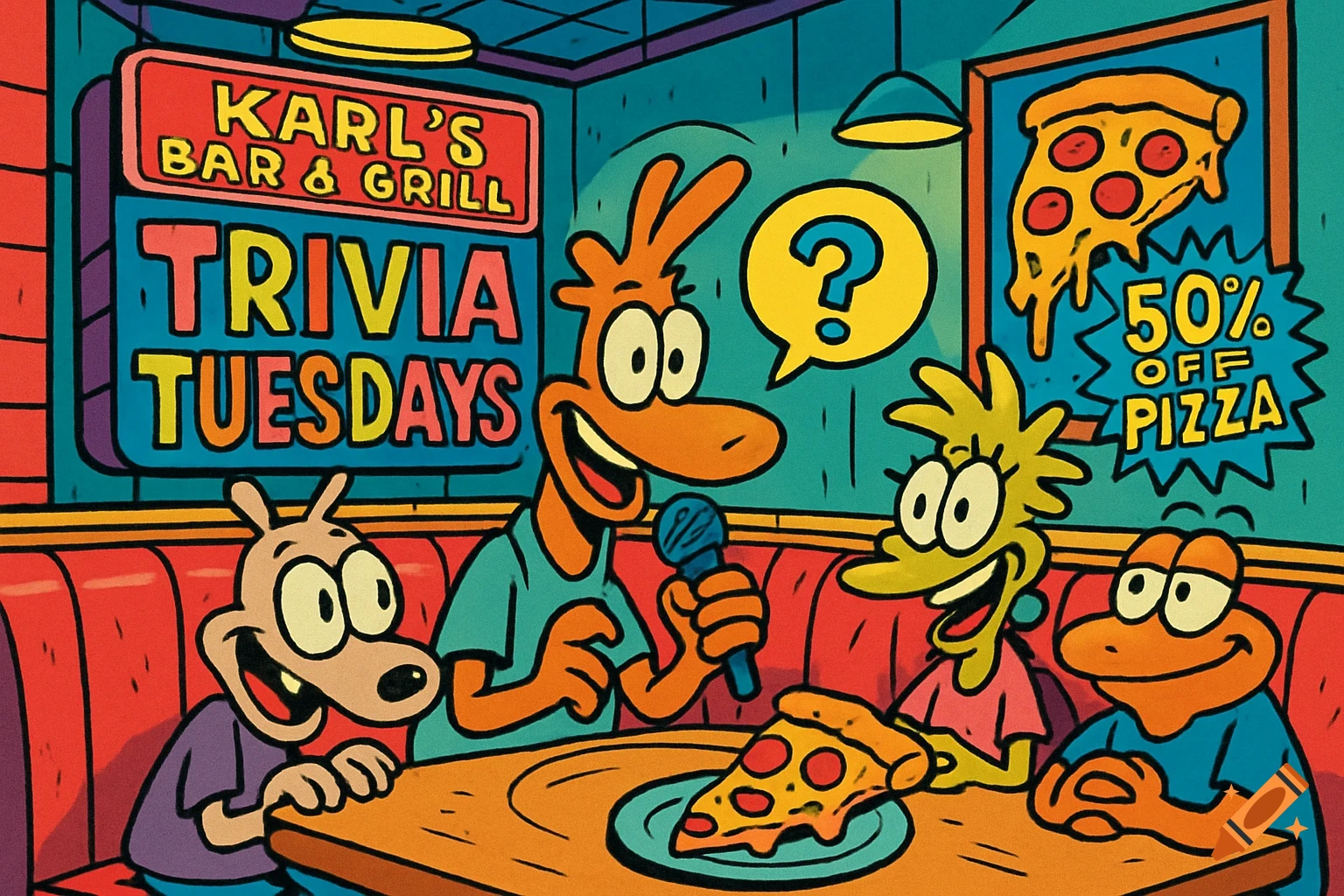 Vibrant 90s-style cartoon of wacky characters at Karl's Bar & Grill, doing trivia. One holds a mic, a sign reads '50% OFF PIZZA'.