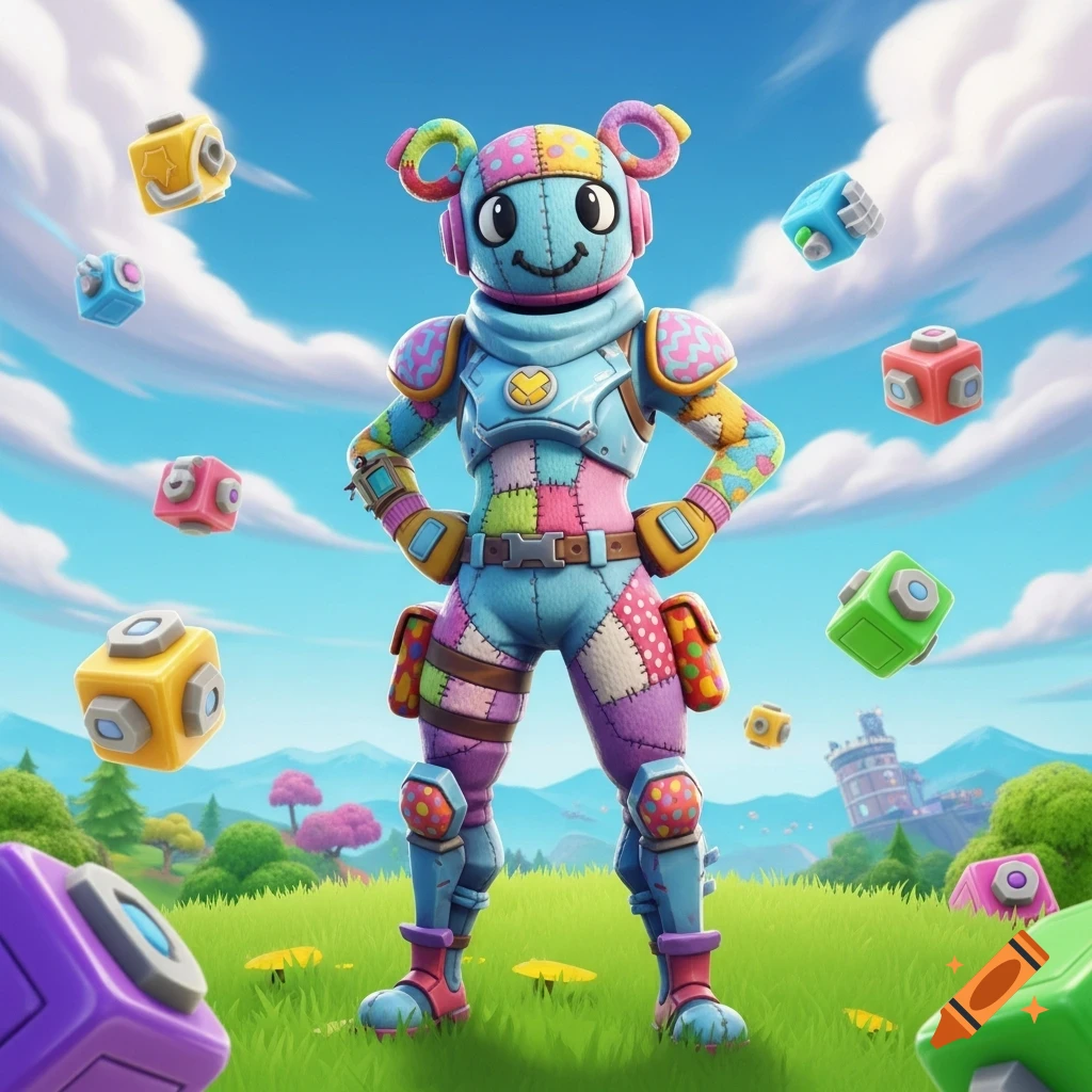 A colorful, patchwork teddy bear character in combat armor stands in a green field with floating cubes and a blue sky, in a Fortnite-like cartoon style.