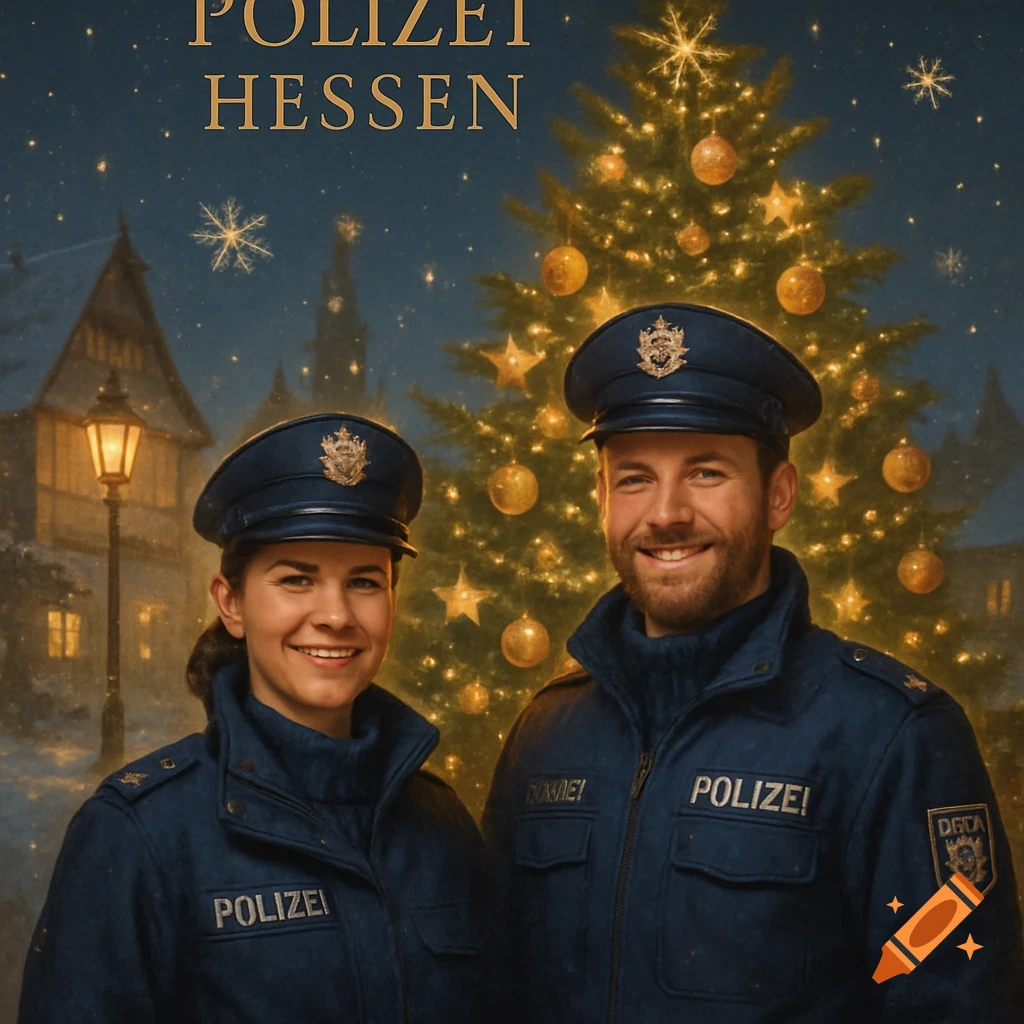 Two smiling police officers in uniform stand in front of a decorated Christmas tree in a snowy village scene at night, with "POLIZEI HESSEN" text above.
