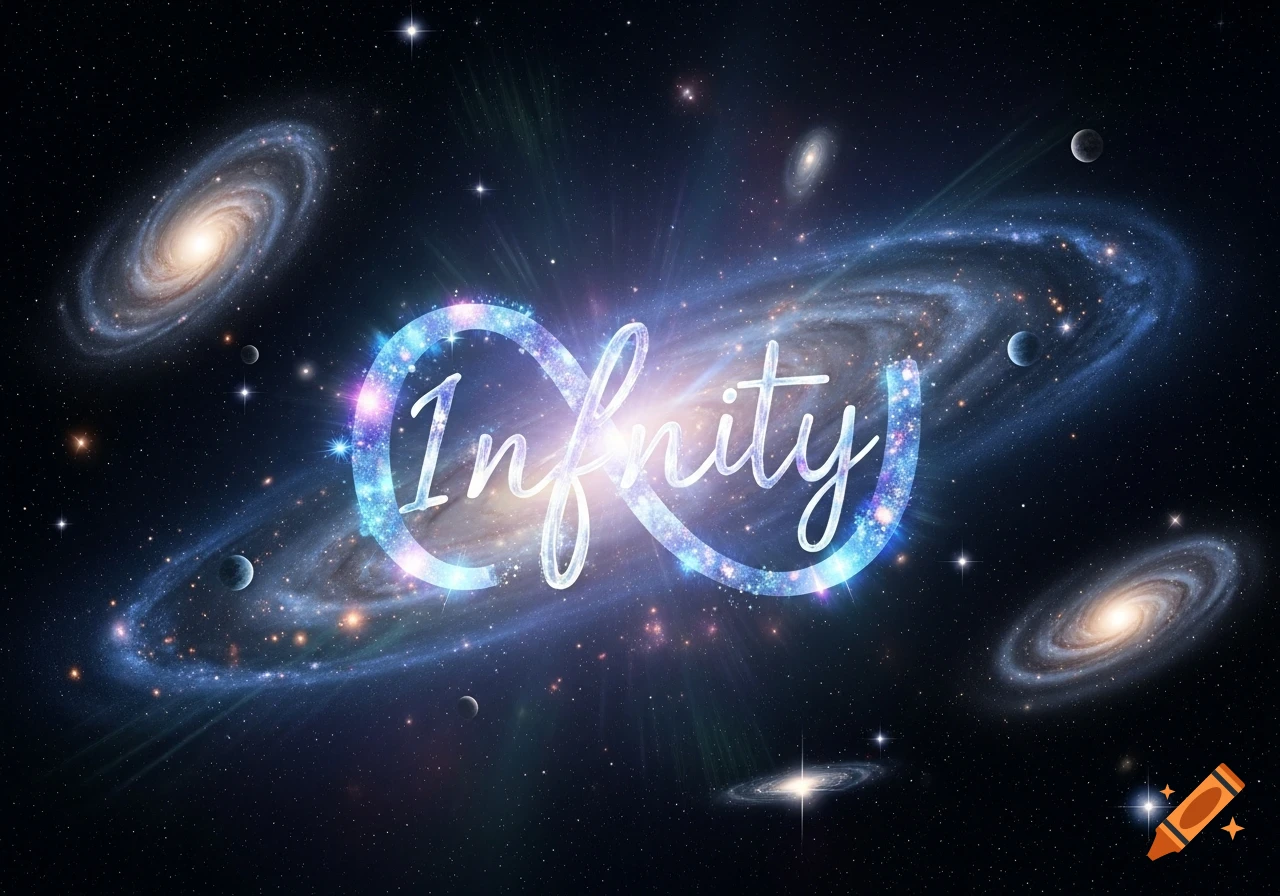 A glowing infinity symbol with the word 'Infinity' against a backdrop of swirling galaxies, stars, and planets in deep space.