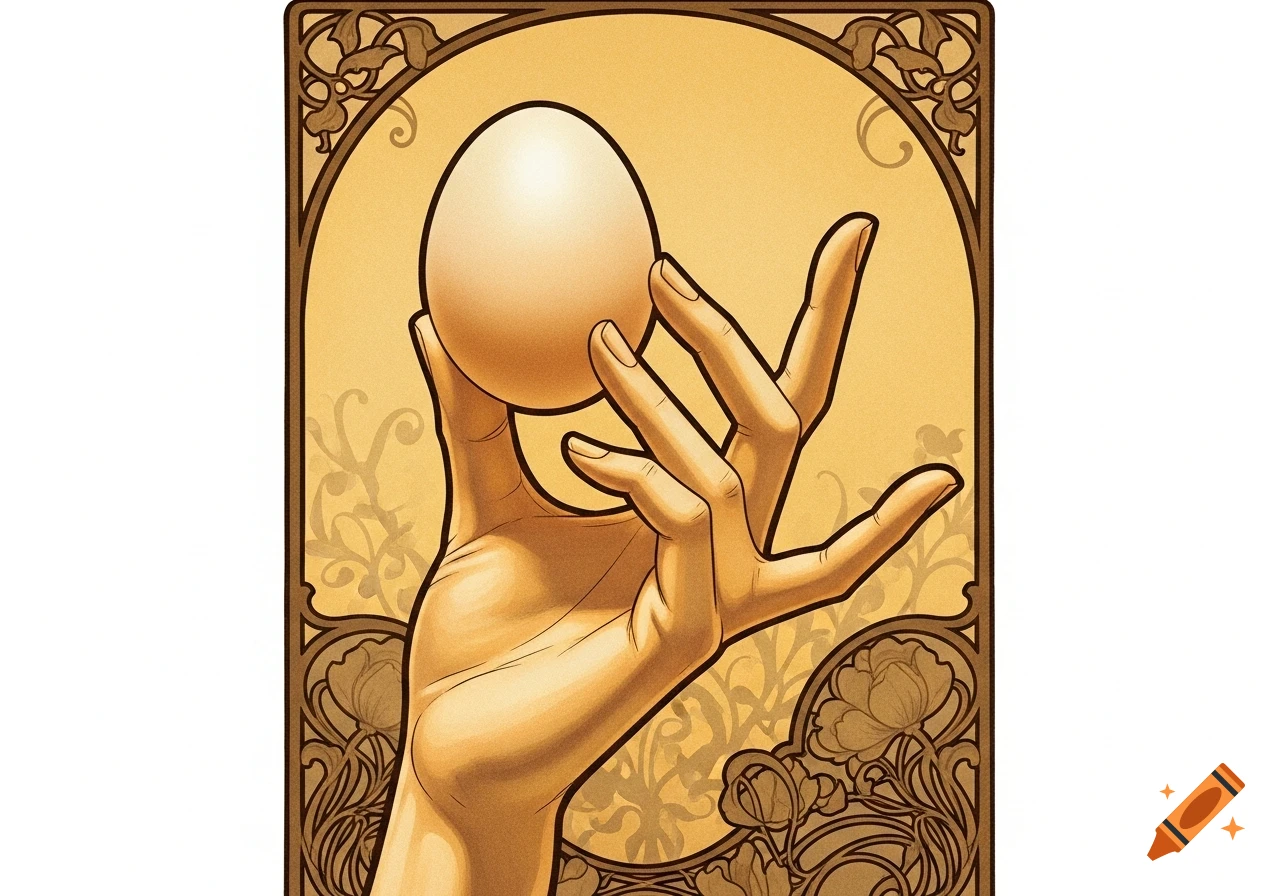 Stylized illustration of a hand holding an egg in a golden Art Nouveau frame.