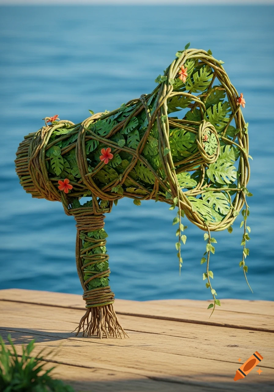 A photorealistic megaphone sculpted from green vines, leaves, and red flowers, with a root base, on a wooden dock by blue water.