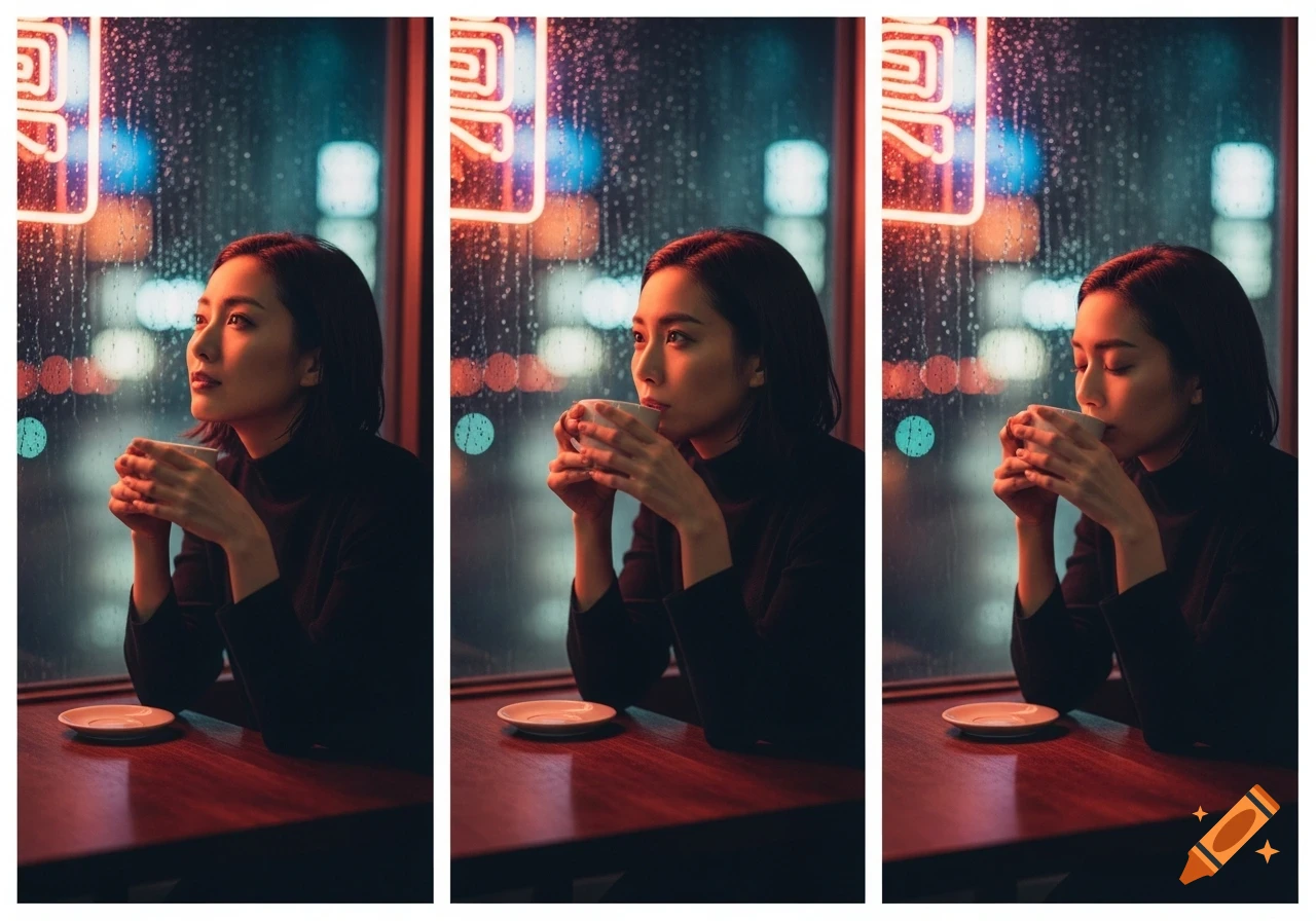 Three cinematic frames of a Japanese woman holding a coffee cup, gazing out a rainy cafe window at night with neon lights.