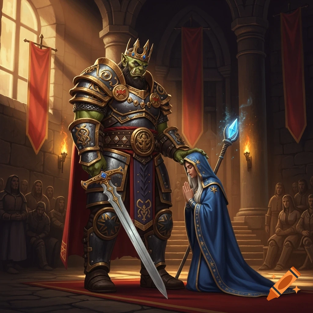 A mighty orc king in elaborate gold and silver armor knights a female wizard in a blue robe, in a grand stone hall.