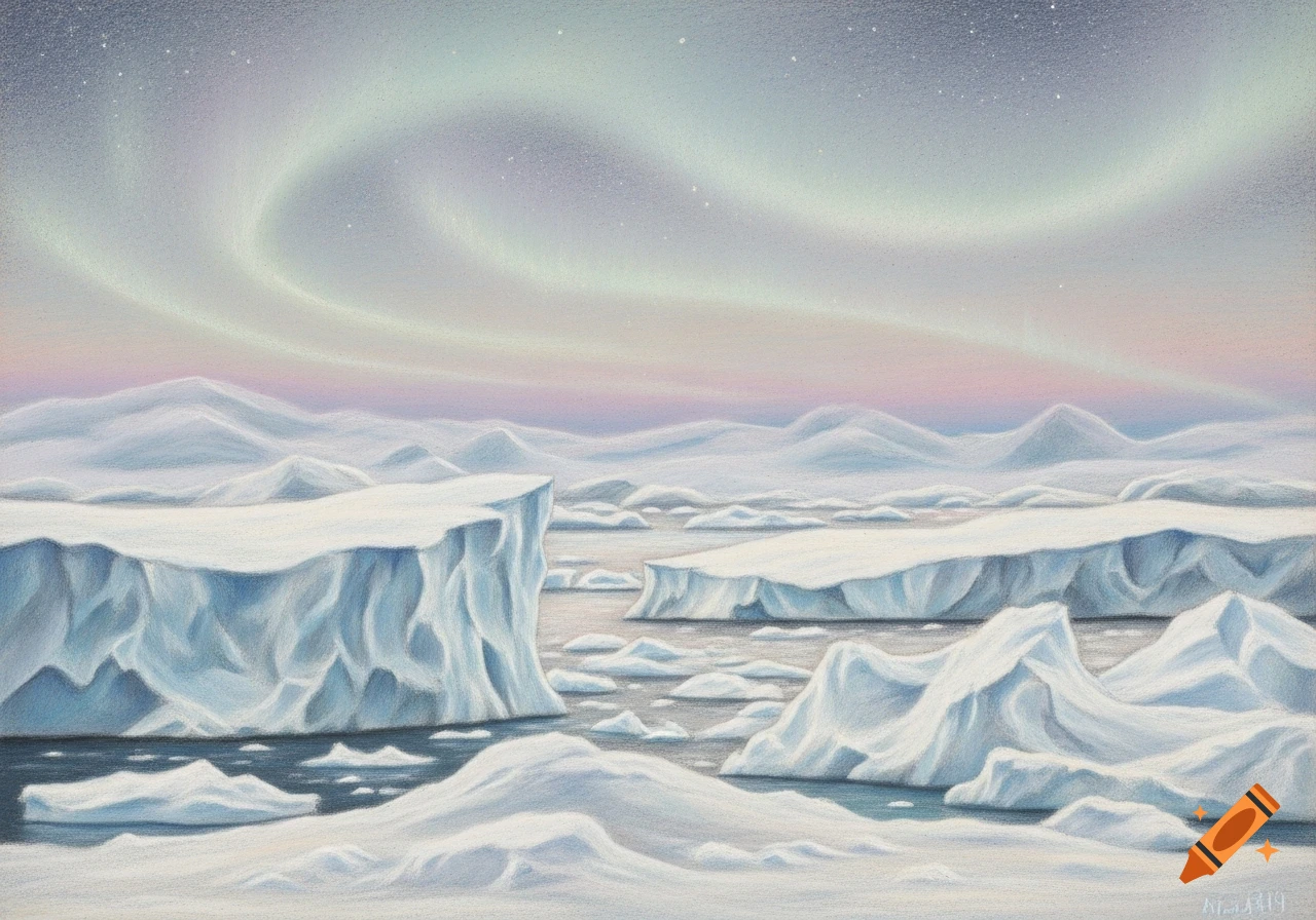 A soft pastel drawing of an Antarctic landscape with large icebergs in water under a sky with aurora lights.