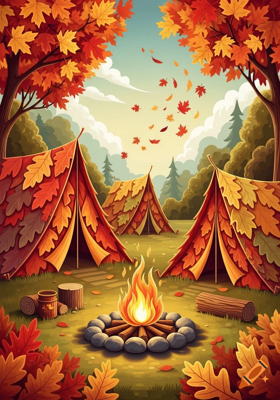 Stylized illustration of an autumn camping scene with tents made of colorful leaves and a warm campfire in a forest.