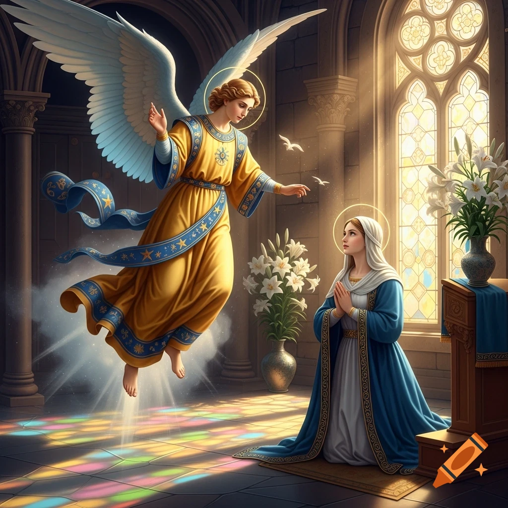 An angel in gold and blue descends to Mary, kneeling in prayer, within a sunlit church with stained glass windows.