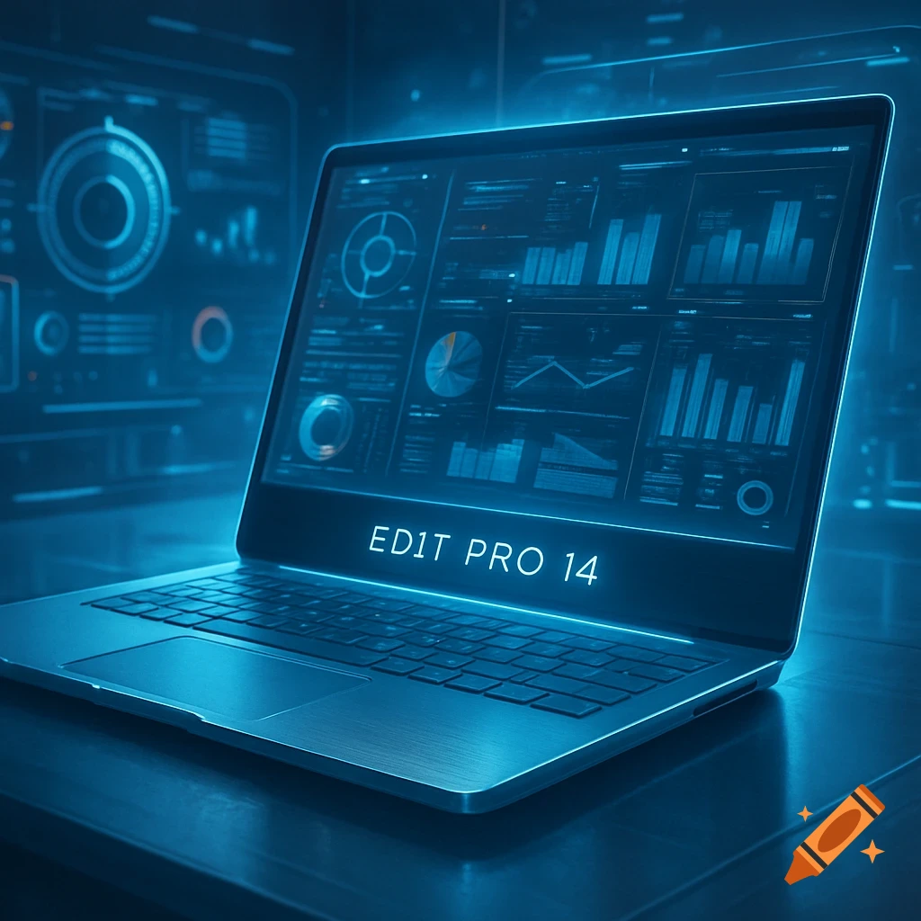 A laptop displaying data charts and graphs, with 'EDIT PRO 14' on the screen, in a blue-lit futuristic control room.