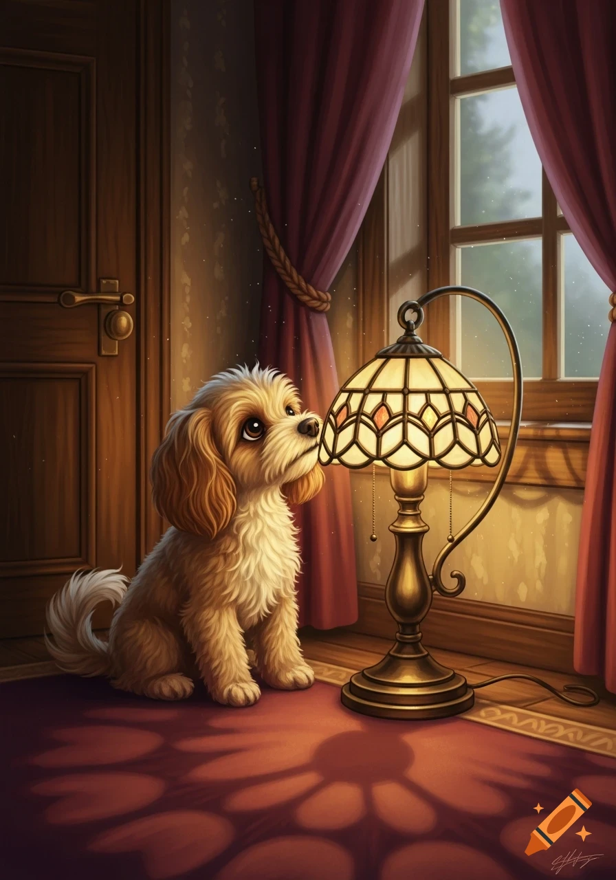 A fluffy, light brown dog sits on a red rug next to a glowing stained-glass lamp in a warm, cozy room with a window and red curtains.