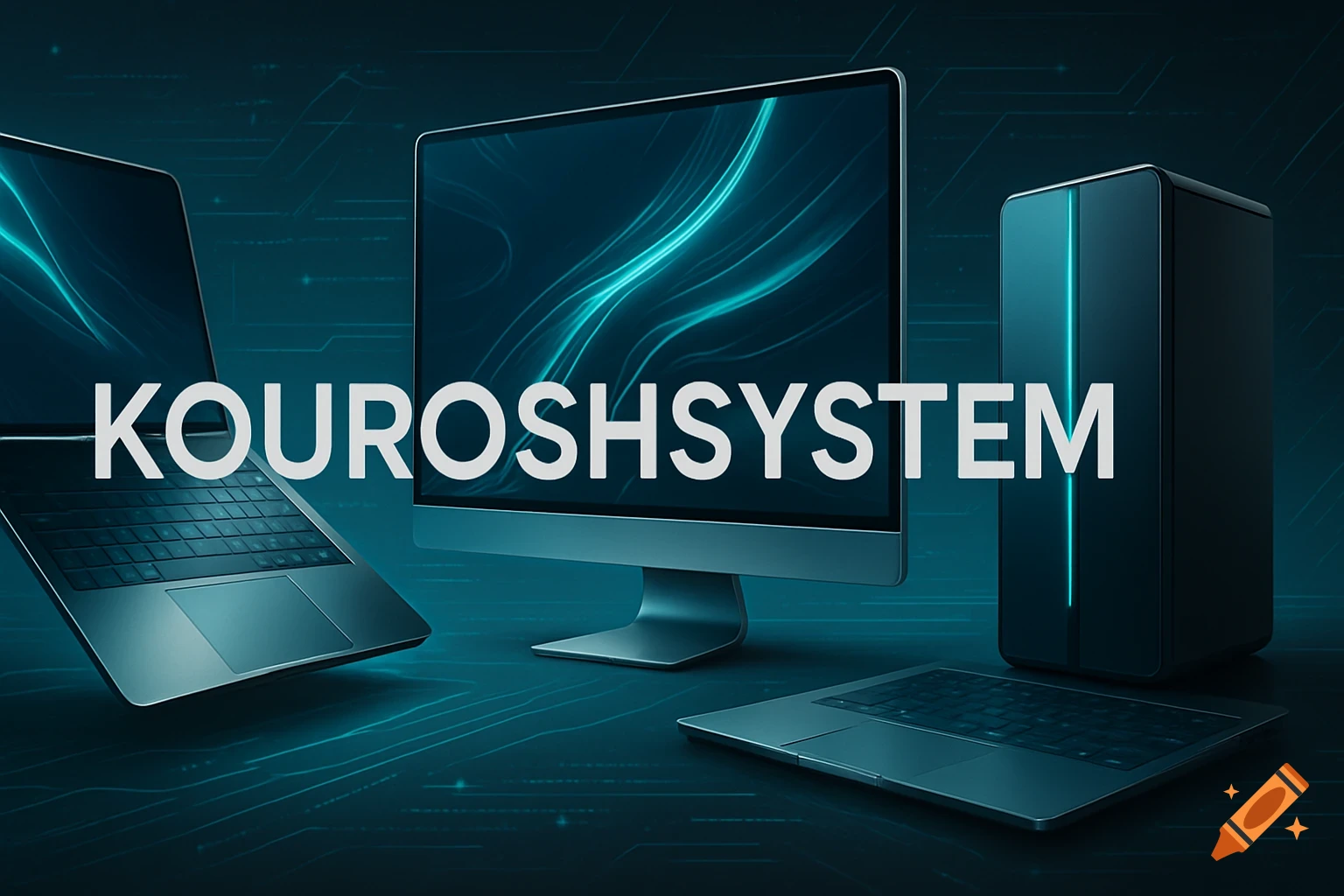 Sleek blue-teal computers, monitor, and PC tower with 'KOUROSHSYSTEM' text on a circuit board background.