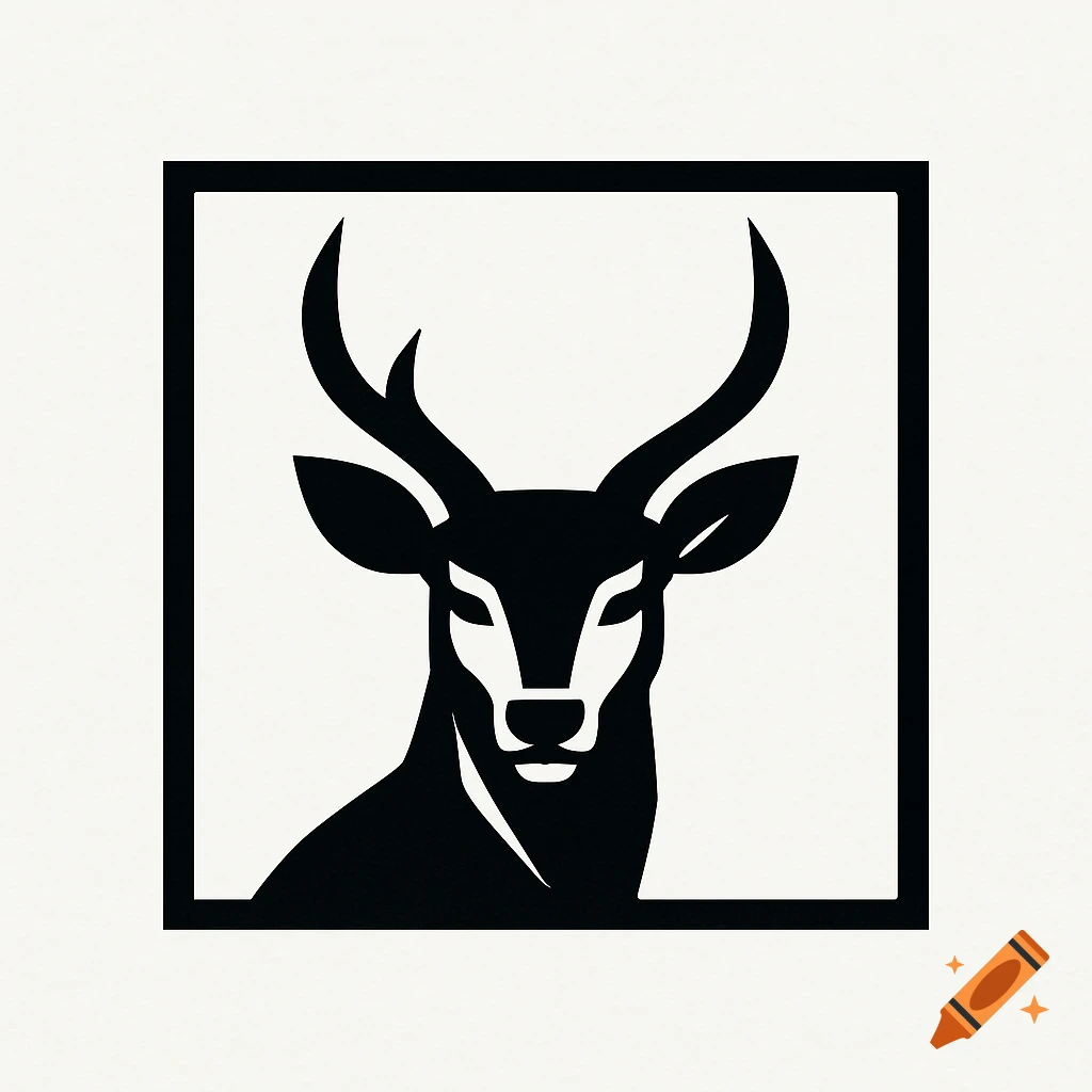 Minimalist black and white deer head logo with antlers in a square frame.