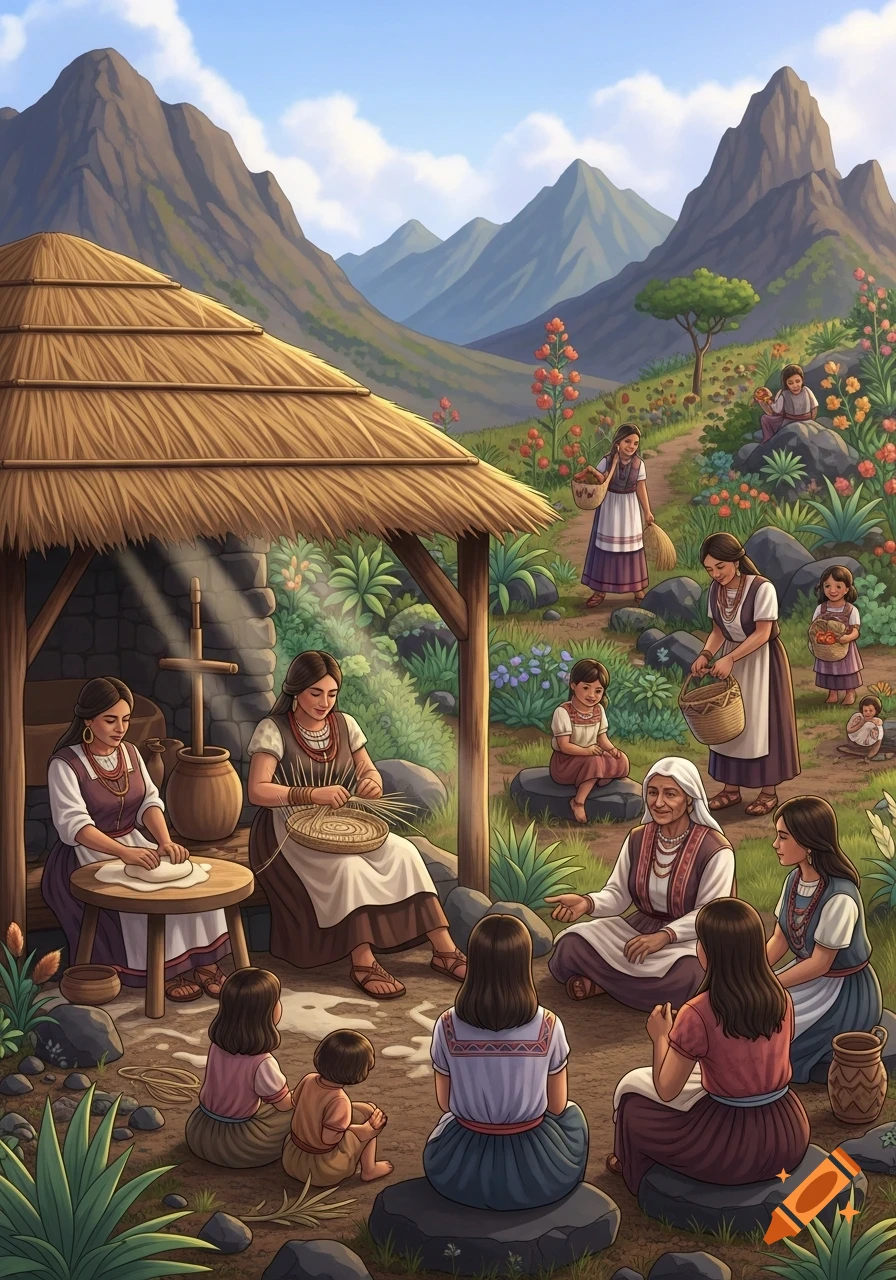 Colorful illustration of women and children engaging in traditional tasks like weaving and food prep in a lush, mountainous village setting.