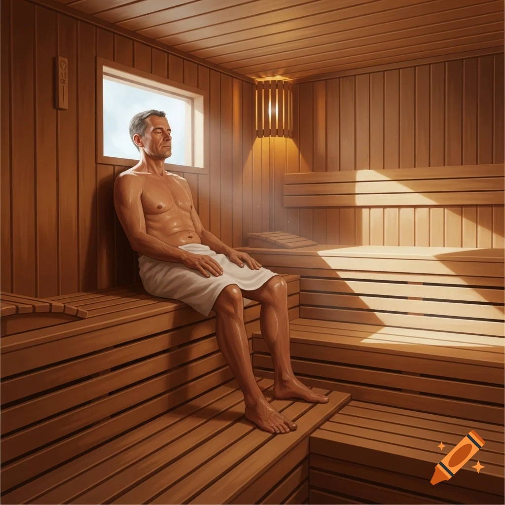 A man in a towel sitting on a wooden bench in a sauna, eyes closed in relaxation.