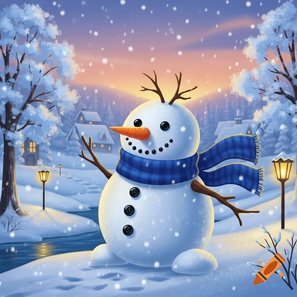 A cheerful snowman with a carrot nose, branch arms, and a blue scarf stands in a snowy village at sunset, cartoon illustration.