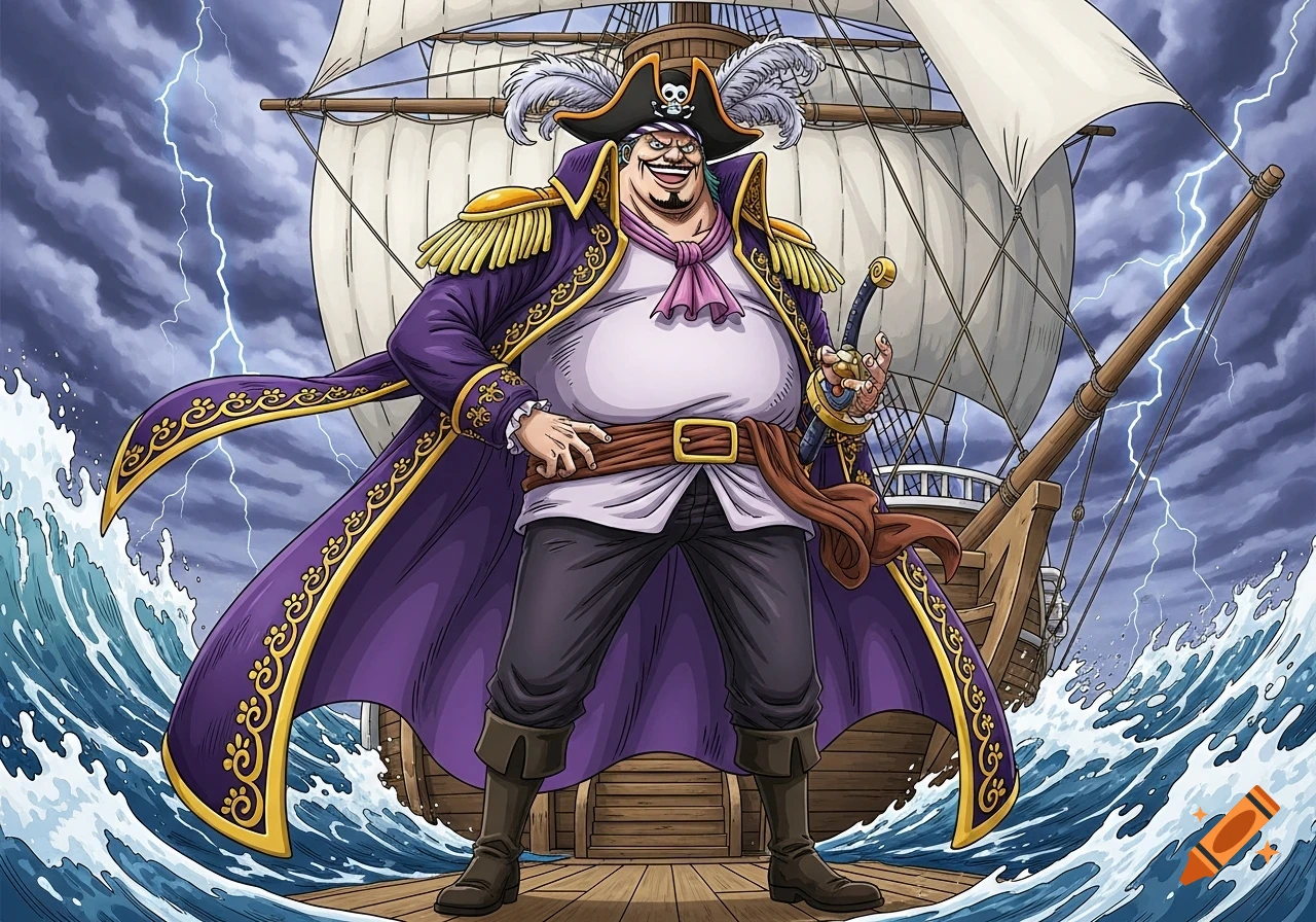 A large, smiling male pirate in a purple coat, hat, and sword stands on a ship's deck during a stormy sea with lightning, in an anime style.