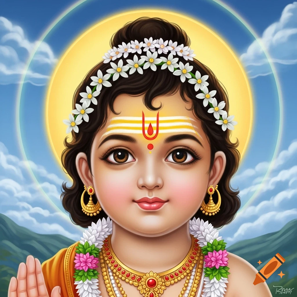 Vibrant illustration of young Hindu deity Muruga with floral headwear, golden jewelry, forehead marks, and a halo against a blue sky.