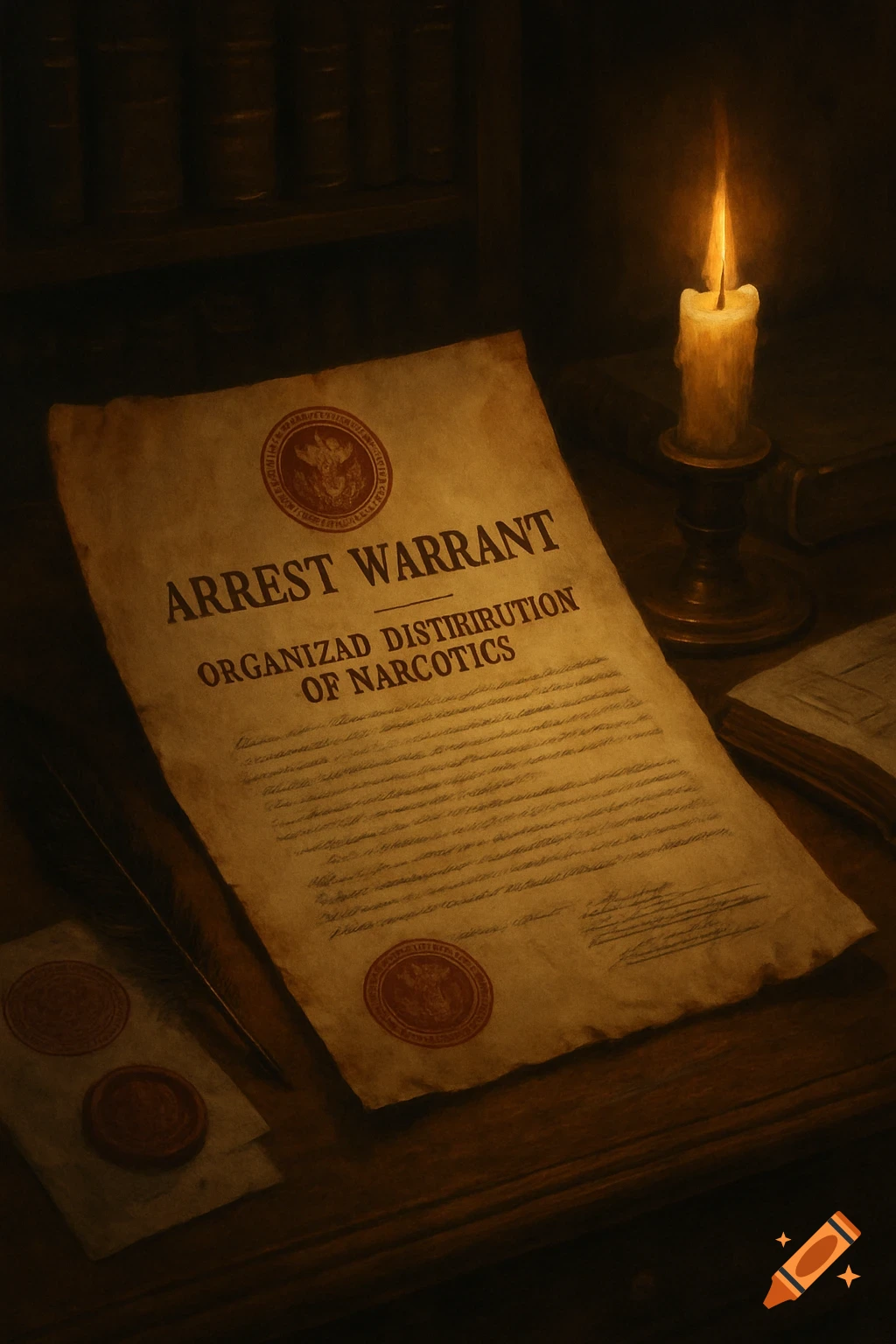 An old arrest warrant for organized narcotics distribution, with a quill and wax seals, illuminated by a candle on a wooden desk.
