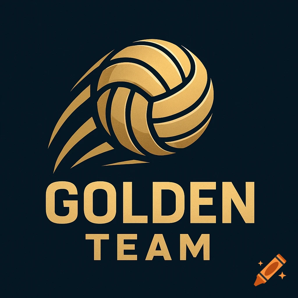 Golden volleyball logo with motion lines above 'GOLDEN TEAM' text on a dark background.