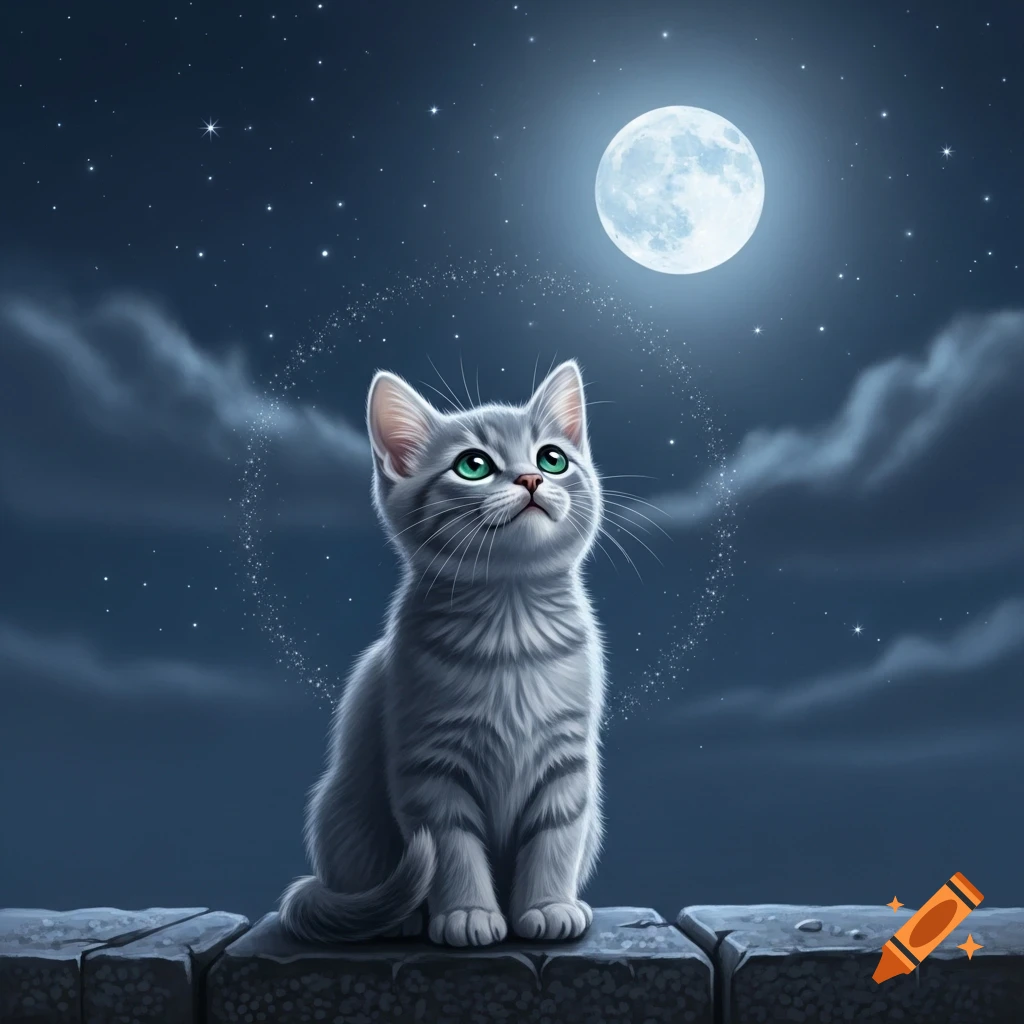 A cute gray kitten with green eyes sits on a stone wall, looking up at a bright full moon in a starry night sky with sparkling magic.