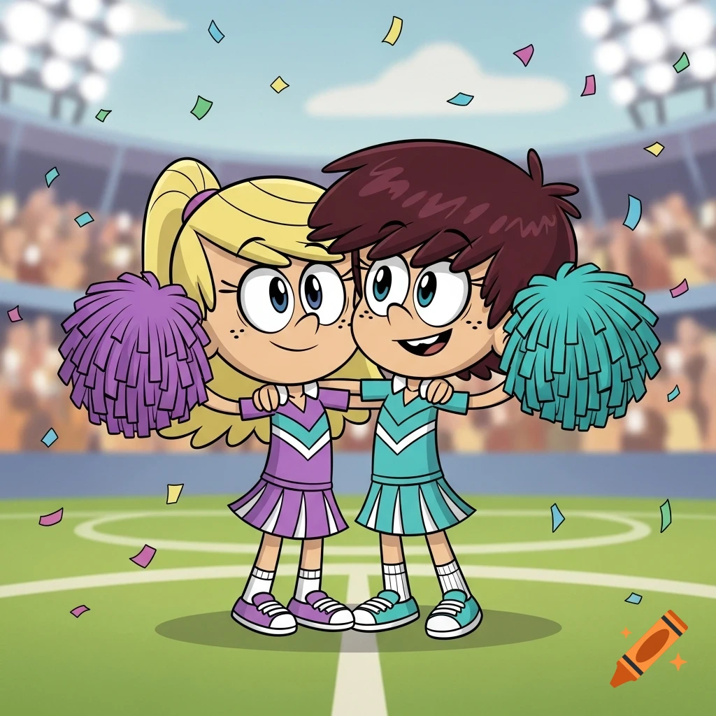 Chibi cheerleaders, Luna Loud and Sam Sharp from The Loud House, holding purple and teal pompoms and embracing on a stadium field.