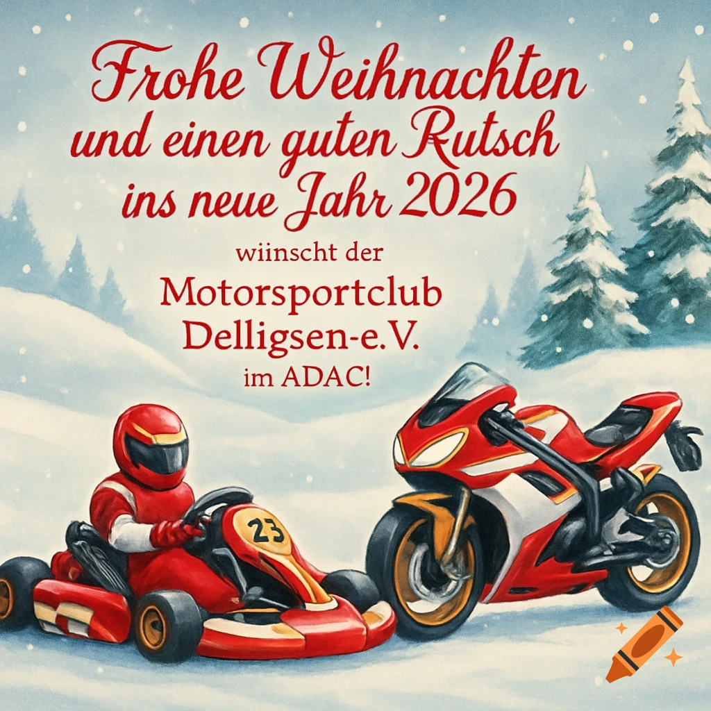 A festive Christmas and New Year greeting card with a red go-kart and a red and white motorcycle in a snowy landscape with pine trees. The card features text in a cursive font and the go-kart has the number 23.