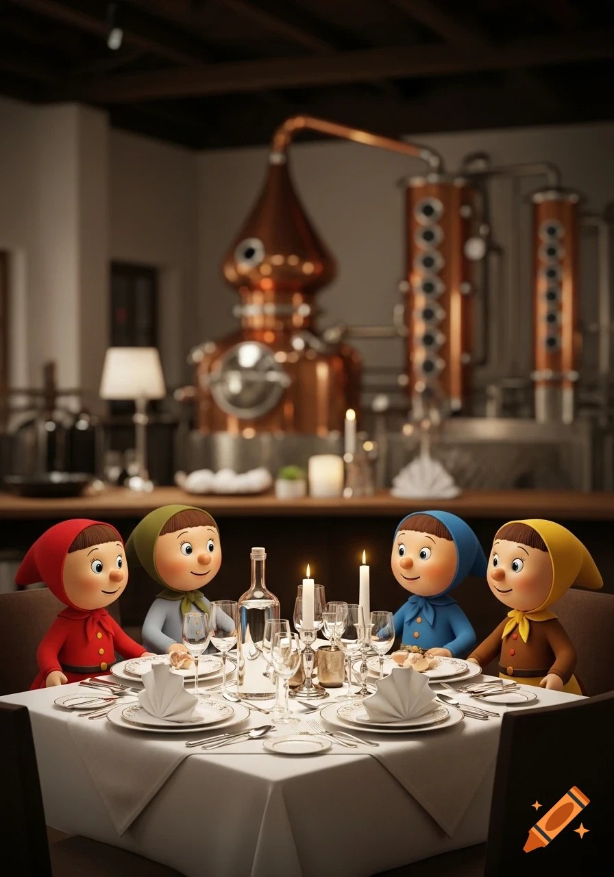 Four cartoon Mainzelmännchen characters seated at a formal dinner table in a restaurant with copper distillery equipment in the background.